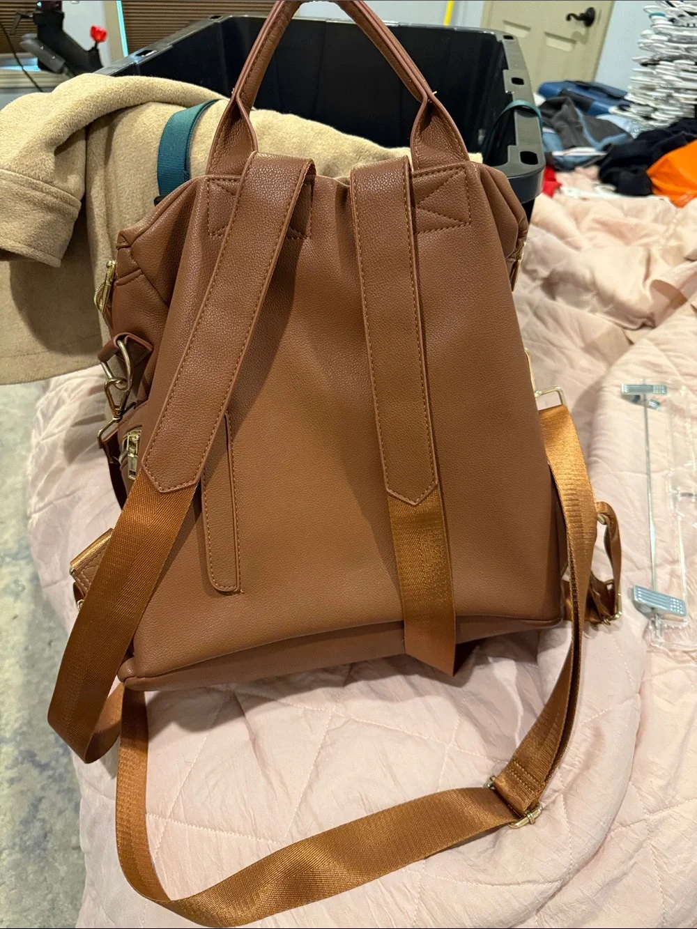 Women's Brown Faux Leather Backpack Tote - Classic Carryall